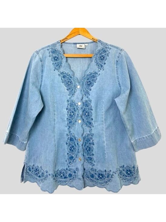 Lafei-Nier Tops - Lafei-Nier Western Denim Chambray Embroidered Top Women’s L Rhinestone Blouse